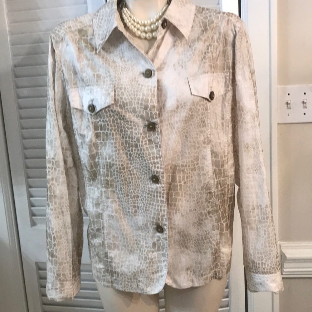 Chicos metallic gold crocodile button down shirt